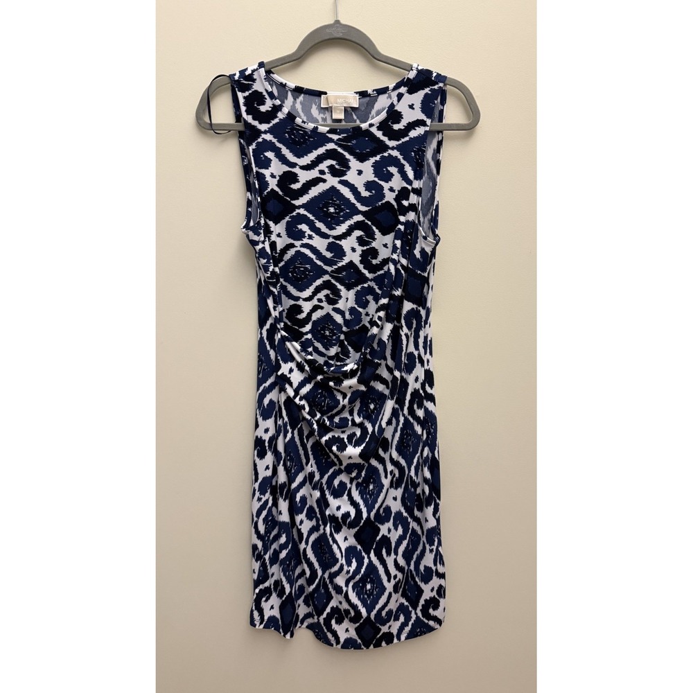 Michael Kors Dress Womens Medium Black Blue Faux Wrap Sheath Stretch Sleeveless